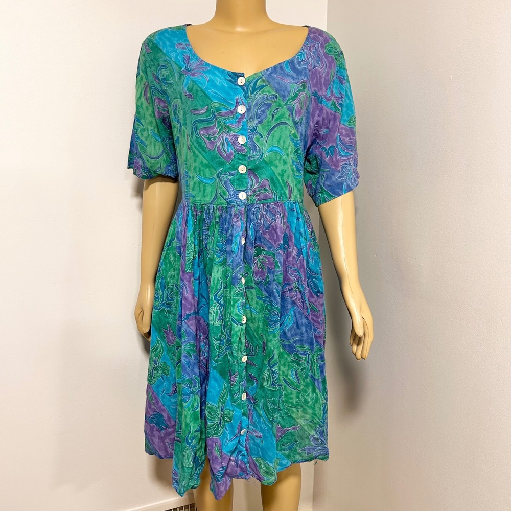 Willow Ridge Vintage 100% Cotton Floral Batik Button Front Midi Dress 1X